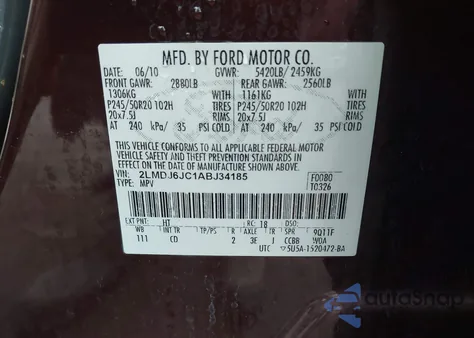 2010 Lincoln Mkx из США, поврежденный, VIN 2LMDJ6JC1ABJ34185